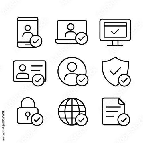 Security verification system icons. Outline symbols. Line design