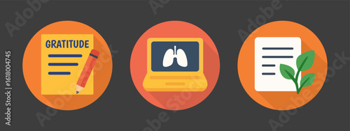 Gratitude Journal, Breathing Exercise, and Mindful Notes Icons – Mental Health Flat Vector Set for Therapy, Wellness, and Self-Care Design Projects