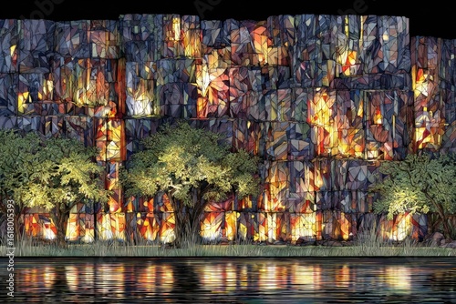 Abstract wall ablaze, trees reflect in water