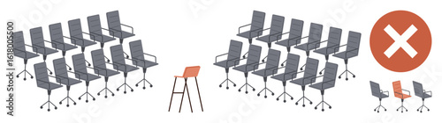 Rows of office chairs grouped with one distinct barstool and small set aside, paired with a cancel mark. Ideal for decision-making, uniqueness, workplace, rejection, selection, choice, simple flat