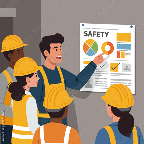 A safety officer conducts a training session for a diverse group of construction workers, pointing at an informative poster with charts and statistics about workplace safety.
