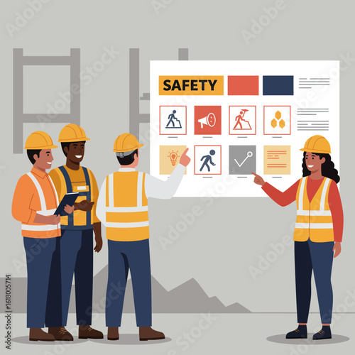 Construction workers attend a safety training session, learning about workplace hazards and protective measures from a presentation.
