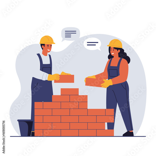 Two diverse construction workers, a man and a woman, are diligently building a sturdy brick wall together, depicted in a contemporary flat vector style.