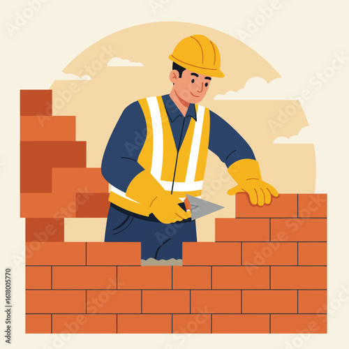 An illustration depicts a skilled male bricklayer meticulously constructing a sturdy new wall using traditional red bricks and mortar.