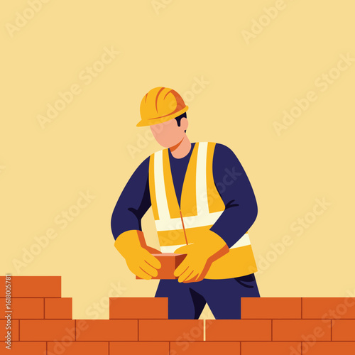 Construction worker wearing a hard hat and safety vest carefully lays bricks to build a wall on a simple background.