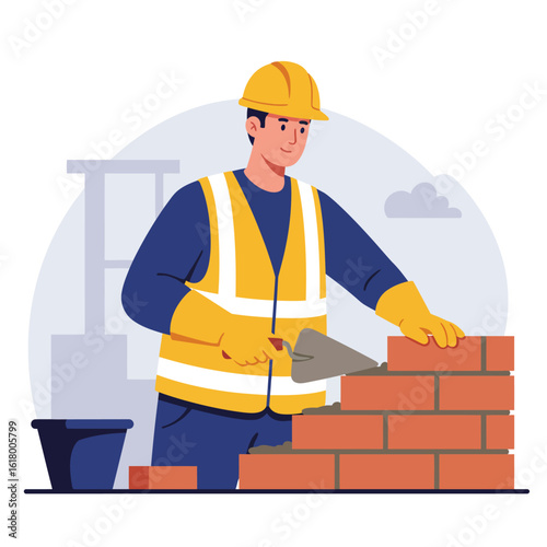 An illustration depicts a bricklayer in a hard hat and safety vest carefully laying bricks with a trowel, showcasing construction and skilled labor.