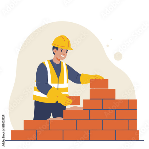 A construction worker in a yellow hard hat and safety vest carefully places a brick, building a wall in a flat, illustrated style, showcasing the construction process.