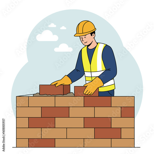 A skilled male bricklayer wearing a hard hat and safety vest meticulously lays bricks to construct a sturdy wall in a modern flat illustration.