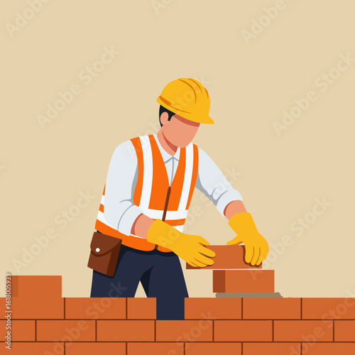 Vector illustration of a dedicated male bricklayer wearing protective gear while meticulously building a durable brick wall.
