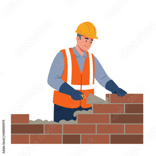 A construction worker, wearing a safety vest and helmet, carefully places bricks, building a wall, showcasing the process of construction on a white background.