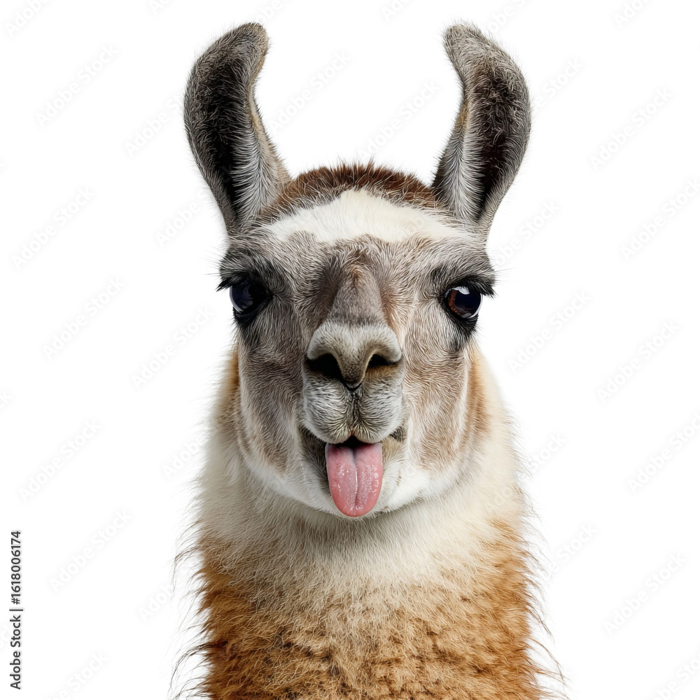Obraz premium A playful llama with its tongue out, showcasing a cute and cheeky expression against a plain background.