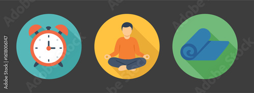 Mindfulness icon pack of meditation man, alarm, yoga mat for healthy habits, emotional wellness, stress control, and fitness routine graphics