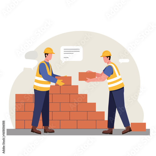 Two construction workers in hard hats and safety vests diligently build a brick wall, symbolizing teamwork and progress in a flat design style.