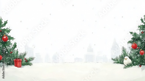 Two decorated Christmas trees and a small bird in the snow with a winter city skyline