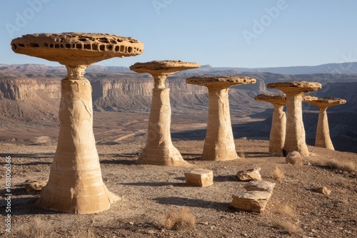 Eroded rock formations resembling mushrooms in a desert landscape