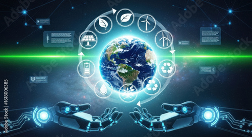 Wallpaper Mural Robotic hands present glowing Earth surrounded by eco friendly icons, symbolizing renewable energy, sustainability, and environmental technology in futuristic digital style Torontodigital.ca