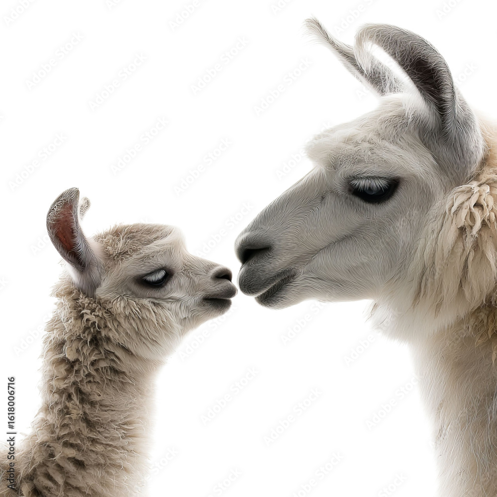 Obraz premium A tender moment between a llama and its baby, showcasing their affectionate bond against a clean background.