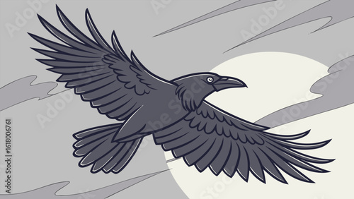 Illustration of a raven flying in the sky with clouds and a moon in the background in grayscale tones