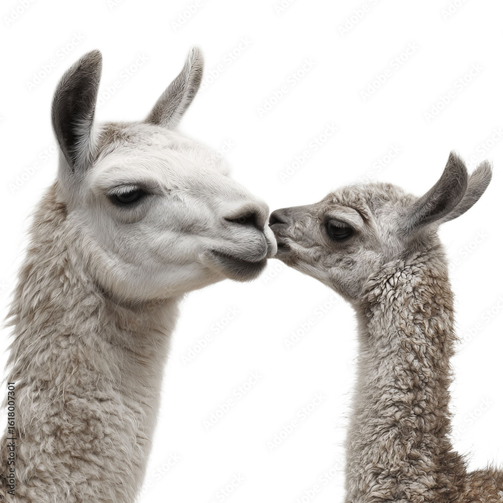 Obraz premium A gentle moment between a llama and its young offspring, showcasing tenderness and affection in a serene setting.