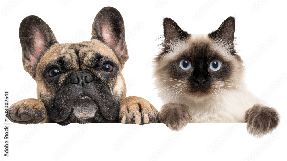 Obraz premium French Bulldog and Siamese Cat, white isolate background.