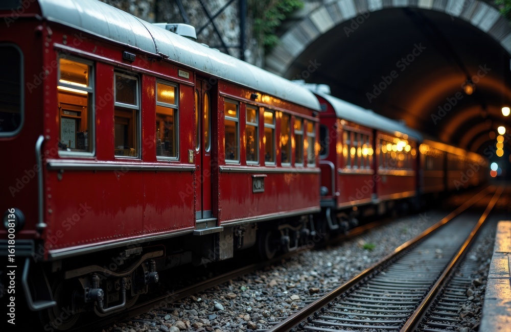 Naklejka premium Vintage red train parked on railway tracks inside a tunnel with warm lighting creating a nostalgic atmosphere