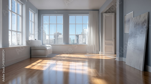 Wallpaper Mural Bright modern living room with large windows, city view, wooden floor, white sofa, and abstract art, sunlight streaming in, peaceful mood Torontodigital.ca