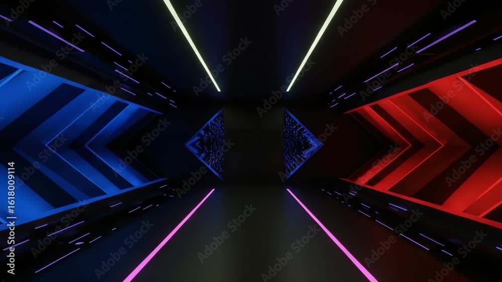 Abstract Neon Light Tunnel with Blue and Red Arrows, a Futuristic Digital Concept for Motion Graphics