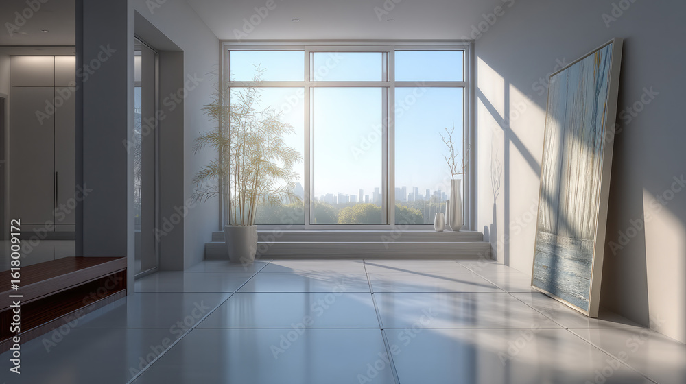 Fototapeta premium Bright modern living room with large window, city view, potted plant, minimalist decor, sunlight, and clean white tile floor
