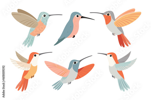 Hummingbirds in Flight: A vibrant illustration of six hummingbirds, each a unique embodiment of nature's art, frozen mid-flight. Captured in a playful yet detailed illustration