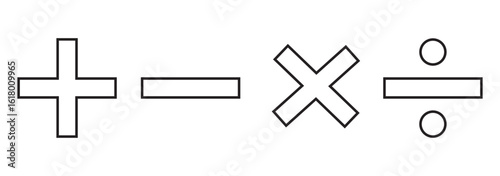 Checkmark icon and plus and minus icon. Plus, Minus, Multiplication, Division, Equal Black colors. Calculation icon in trendy flat style isolated on white background. Math symbol. Vector illustration.