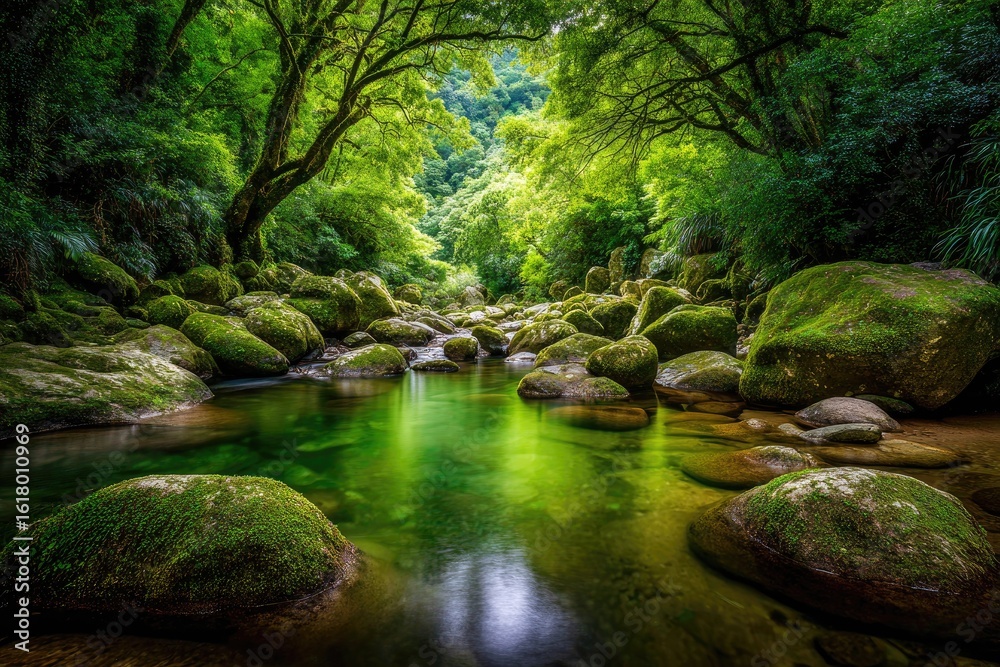 Obraz premium Lush forest stream reflecting verdant canopy