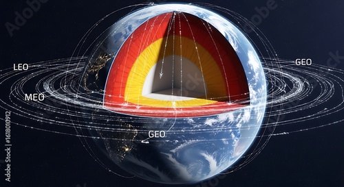 Scientific illustration of Earth's cross-section showing geological layers and various satellite orbits like LEO, MEO, and GEO.