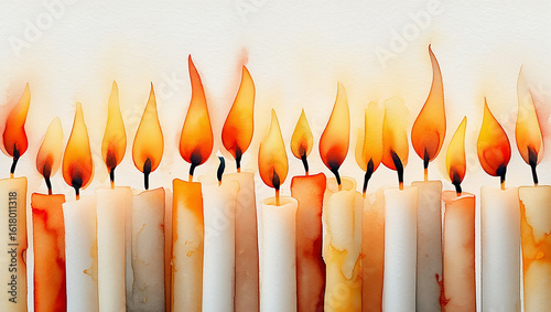 Burning candles with watercolor flames orange