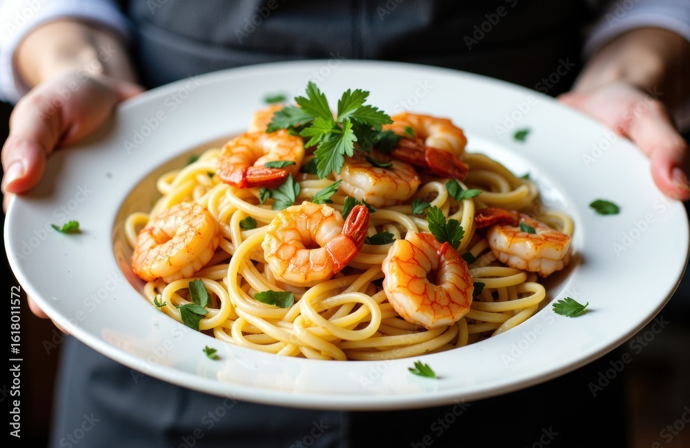 Fototapeta premium Plate of shrimp pasta garnished with fresh herbs held by a person in a dark outfit
