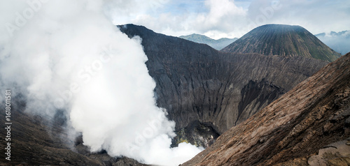 Panoramic view of Mount Bromo active volcano crater in East Java, Indonesia	