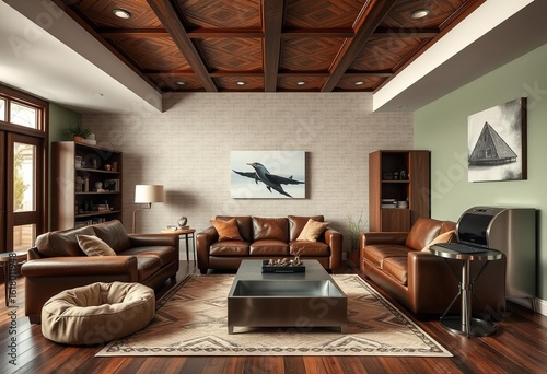 Dark wood tone living room with leather furniture and natural materials