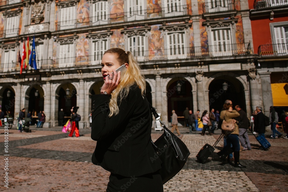 Fototapeta premium Businesswoman walking and talking on phone in plaza mayor, madrid
