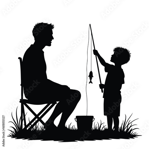 Father and son fishing with caught fish reel