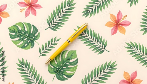 Yellow pen on a tropical leaf and flower arrangement