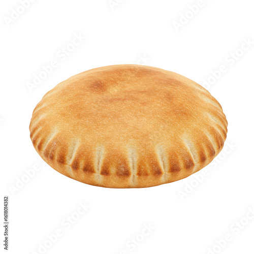 Golden-brown baked pastry on a white background, highlighting its round shape and texture