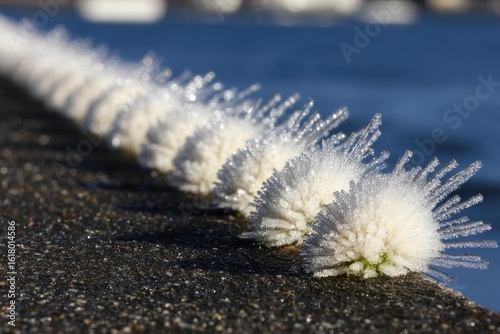 Icy white flower-like shapes, frost-covered, along a dark gray concrete edge, by water