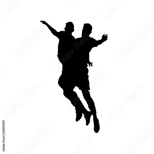 Silhouette of two players celebrating a goal in a soccer game.
