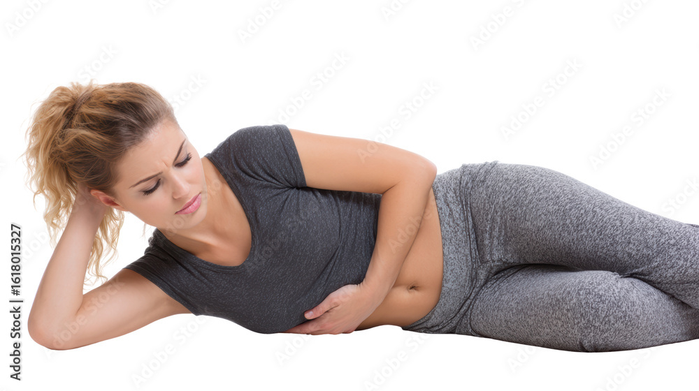 Fototapeta premium Woman experiencing discomfort, wearing sportswear, isolated on white background.