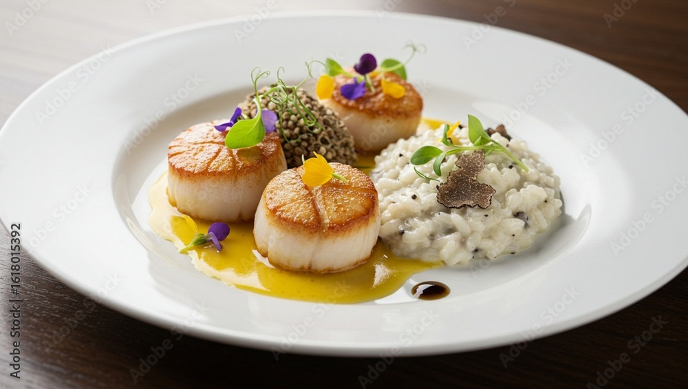 Seared Scallops with Microgreens and Edible Flowers on Creamy Truffle Risotto with Yellow Sauce Seared Scallops with Microgreens and Edible Flowers on Creamy Truffle Risotto with Yellow Sauce