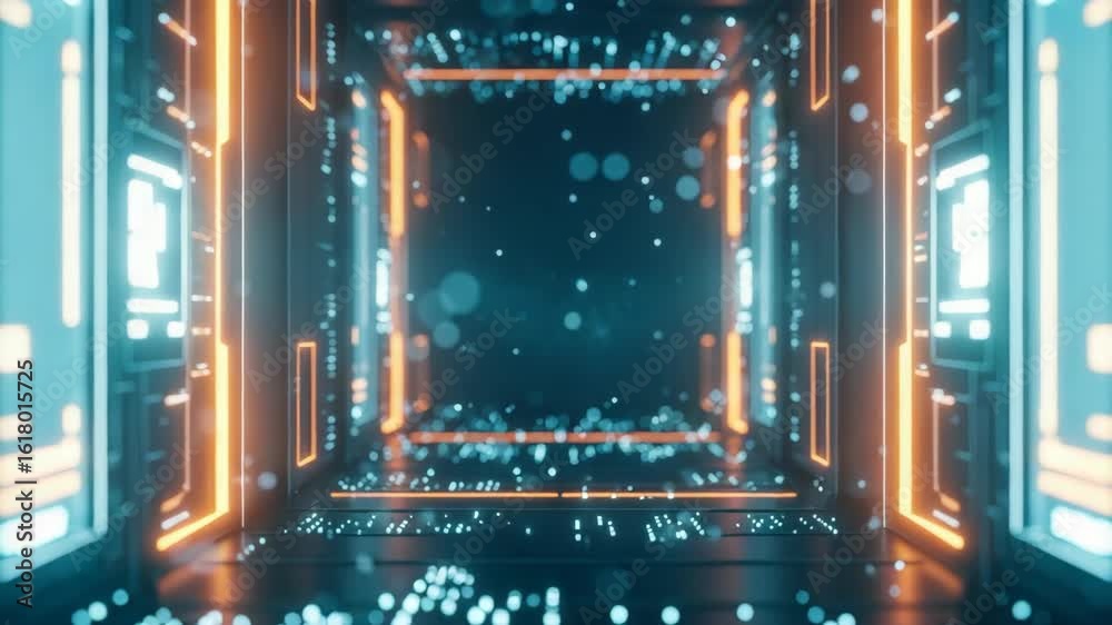 A futuristic digital corridor filled with glowing blue and orange lights showcasing a high-tech environment with floating particles and a sense of depth suitable for technology-themed projects