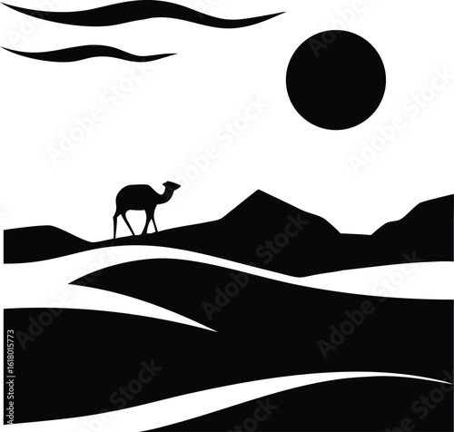 Abstract desert landscape with a camel silhouette under a large sun and stylized clouds, evoking a sense of solitude and arid beauty