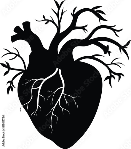 Anatomical heart with growing tree branches and roots. Black silhouette graphic art symbolizing life, vitality, and connection with nature.