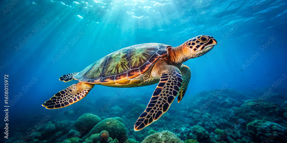 Obraz premium Sea Turtle Underwater Swimming – Marine Life, Ocean Wildlife, Blue Water, Turtle Close-Up, Aquatic Environment Nature