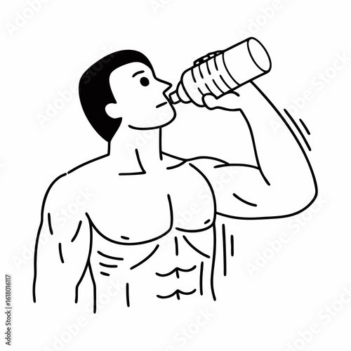 Muscular man drinking water from bottle bodybuilder
