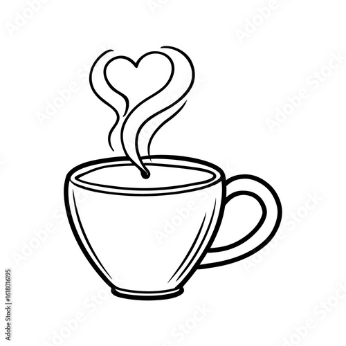 Hand drawn sketch of a steaming coffee cup with heart shaped steam isolated on white background isolated on transparent background